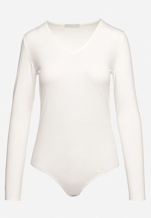 Born2be - Białe Dopasowane Body z Długim Rękawem i Dekoltem w Serek Lilaria. Okazja: na co dzień. Typ kołnierza: dekolt w serek. Kolor: biały. Materiał: jeans. Długość rękawa: długi rękaw. Długość: długie. Styl: klasyczny, casual