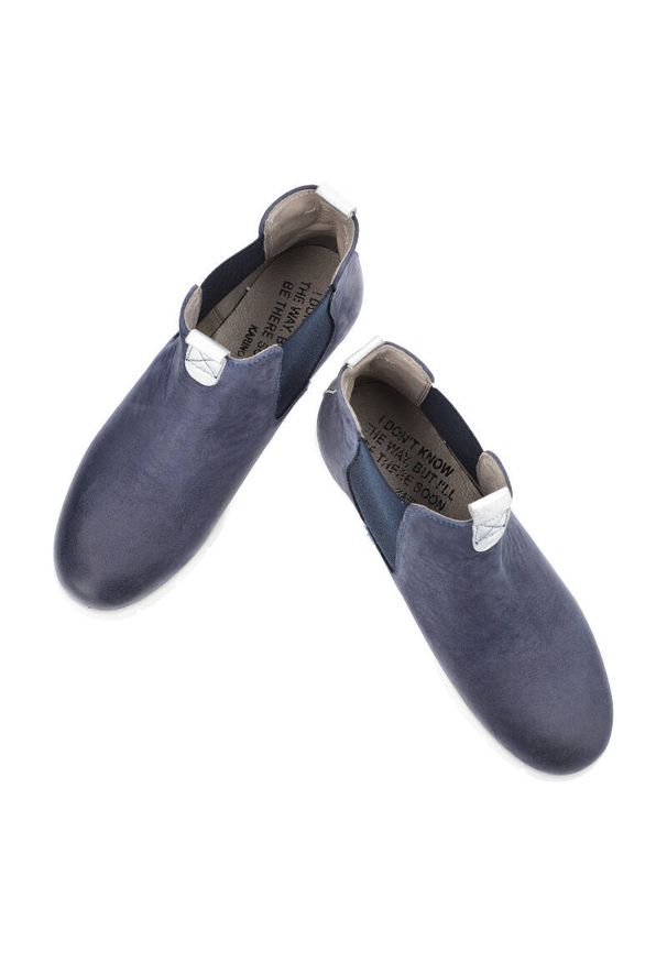 Granatowe Botki Karino Wsuwane Obuwie Damskie. Zapięcie: bez zapięcia. Kolor: niebieski. Materiał: jeans, skóra. Styl: elegancki