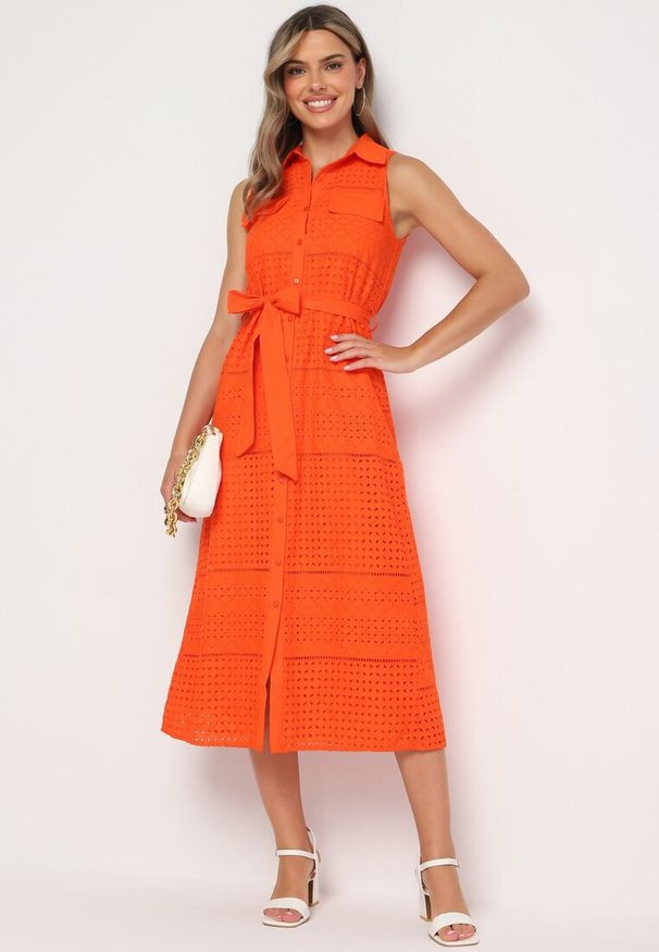 Born2be - Pomarańczowa Bawełniana Sukienka Ażurowa o Koszulowym Kroju z Materiałowym Paskiem w Talii Vikiiana. Kolor: pomarańczowy. Materiał: bawełna, materiał. Wzór: ażurowy. Typ sukienki: koszulowe. Styl: wizytowy, elegancki