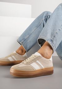 Renee - Ciemnobeżowe Sneakersy na Płaskiej Podeszwie z Ozdobnymi Paskami Velali. Nosek buta: okrągły. Zapięcie: pasek. Kolor: beżowy. Obcas: na płaskiej podeszwie. Wysokość obcasa: niski #5
