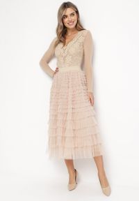 Born2be - Beżowa Rozkloszowana Spódnica Maxi z Falbankami z Tiulu Davena. Kolor: beżowy. Materiał: tiul. Wzór: aplikacja #3