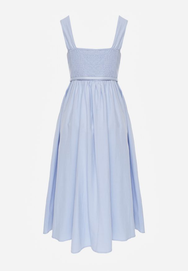 Renee - Niebieska Bawełniano-Wiskozowa Sukienka na Szerokich Ramiączkach z Wąskim Paskiem Alcassa. Typ kołnierza: dekolt kwadratowy. Kolor: niebieski. Materiał: wiskoza, bawełna. Długość rękawa: na ramiączkach. Typ sukienki: rozkloszowane, proste. Styl: elegancki