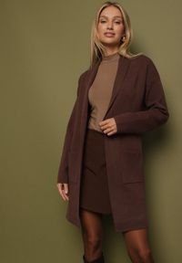 Born2be - Brązowy Kardigan Niezapinany z Kaszmirem o Długim Kroju Ertine. Kolor: brązowy. Materiał: kaszmir. Długość: długie. Styl: elegancki
