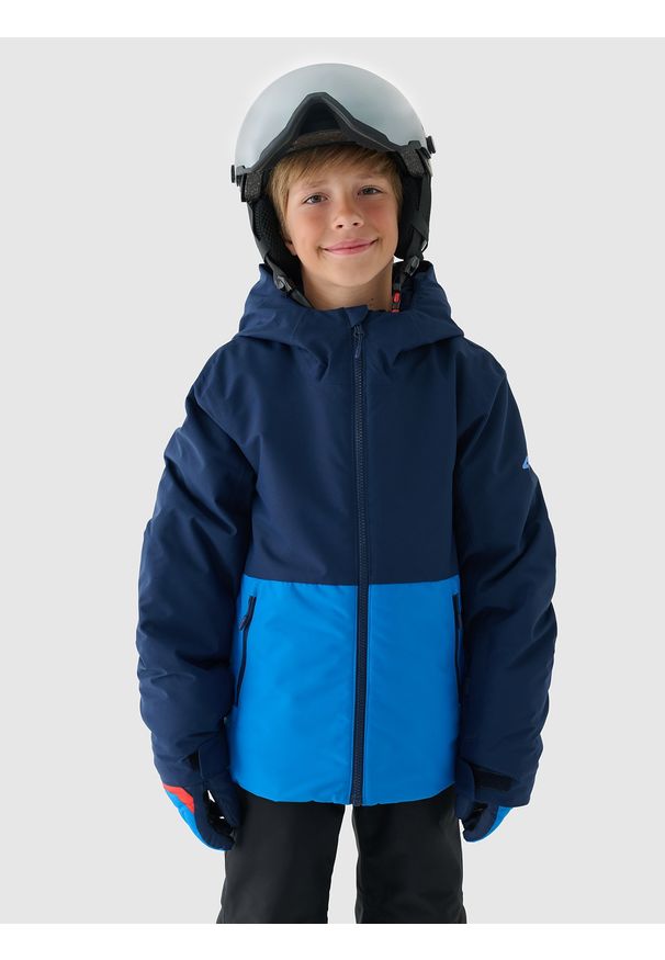 4f - 4F Kurtka narciarska membrana 5000 chłopięca - granatowa 158 (12-13 lat). Okazja: na co dzień. Typ kołnierza: kaptur. Kolor: niebieski. Materiał: poliester, tkanina, materiał, dzianina. Wzór: gładki. Sezon: lato. Styl: casual, sportowy, klasyczny