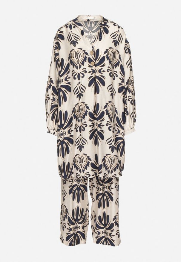 Born2be - Granatowo-Beżowy Komplet z Wiskozą w Etniczny Wzór Długa Koszula i Szerokie Spodnie Rindira. Kolor: niebieski. Materiał: wiskoza