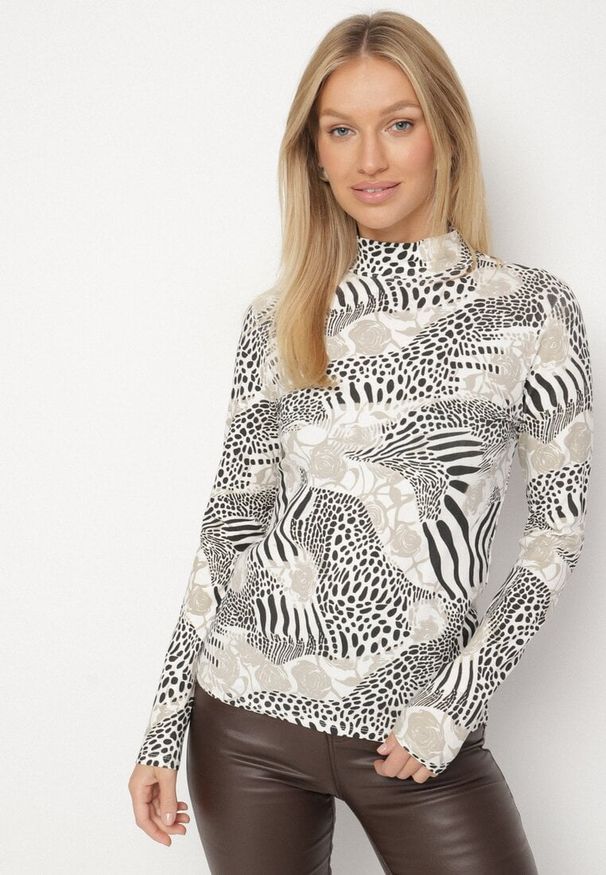 Born2be - Jasnoszara Bawełniana Bluzka w Panterkę z Półgolfem i Długim Rękawem Unilae. Okazja: na co dzień. Kolor: szary. Materiał: bawełna. Długość rękawa: długi rękaw. Długość: długie. Wzór: motyw zwierzęcy. Styl: casual