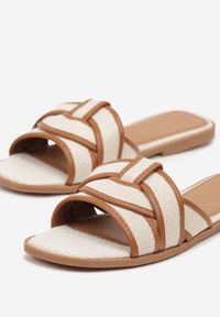 Renee - Brązowo-Beżowe Klapki z Ozdobnymi Paskami Silferia. Okazja: na co dzień. Kolor: brązowy. Materiał: jeans. Wzór: paski. Sezon: lato. Obcas: na obcasie. Styl: casual. Wysokość obcasa: niski #5