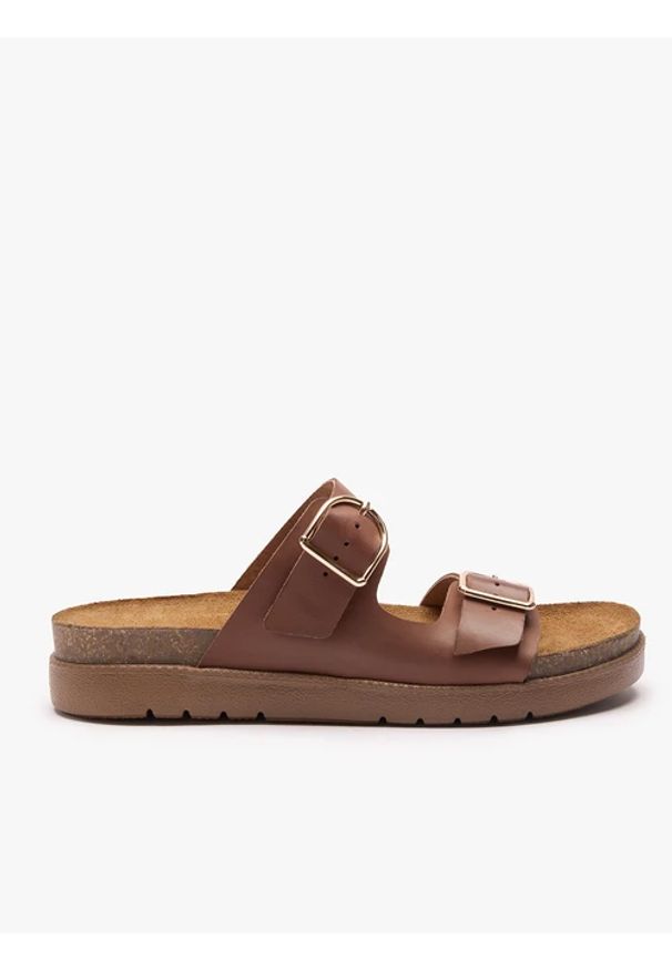 Ryłko - Brązowe klapki z dwoma paskami. Nosek buta: okrągły. Kolor: brązowy. Materiał: skóra. Wzór: paski. Sezon: lato. Styl: street, klasyczny, elegancki