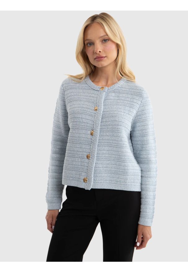 Big-Star - Sweter damski z ozdobnymi guzikami blękitny Marinara 400. Okazja: na co dzień. Kolor: niebieski. Materiał: dzianina, jeans. Wzór: prążki. Sezon: jesień. Styl: klasyczny, elegancki, casual