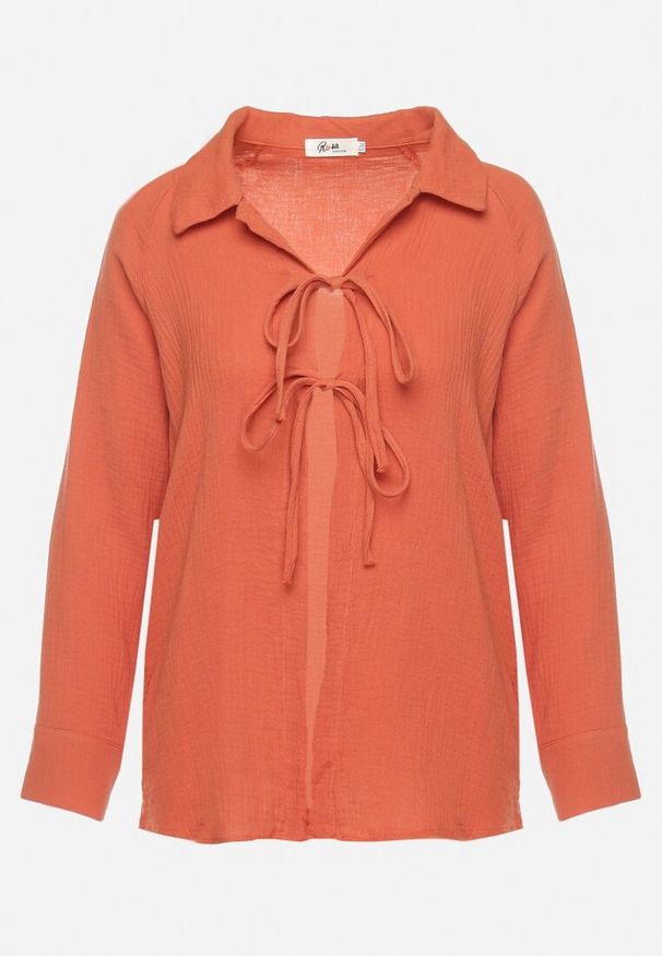 Born2be - Pomarańczowa Bawełniana Bluzka z Kołnierzykiem i Wiązaniem z Przodu Abilla. Kolor: pomarańczowy. Materiał: bawełna. Styl: klasyczny, elegancki
