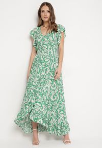 Born2be - Zielona Asymetryczna Sukienka z Gumką w Pasie z Falbankami z Wiskozy Venimra. Typ kołnierza: kołnierz z falbankami. Kolor: zielony. Materiał: wiskoza. Typ sukienki: asymetryczne #3