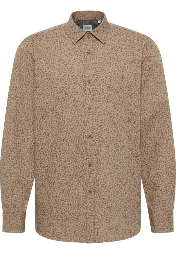 Mustang - Męska Koszula MUSTANG Elmore Allover Print on Beige 1015906 12672. Okazja: na co dzień. Typ kołnierza: kołnierzyk klasyczny. Materiał: bawełna. Długość: długie. Wzór: nadruk, grochy. Styl: elegancki, klasyczny, casual