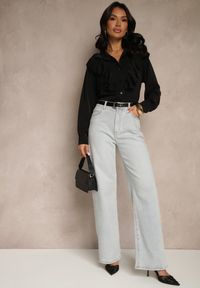 Renee - Czarna Koszula Ozdobiona Falbaną Kornella. Okazja: na co dzień. Typ kołnierza: kołnierzyk klasyczny. Kolor: czarny. Materiał: jeans. Wzór: aplikacja. Styl: klasyczny, casual, elegancki