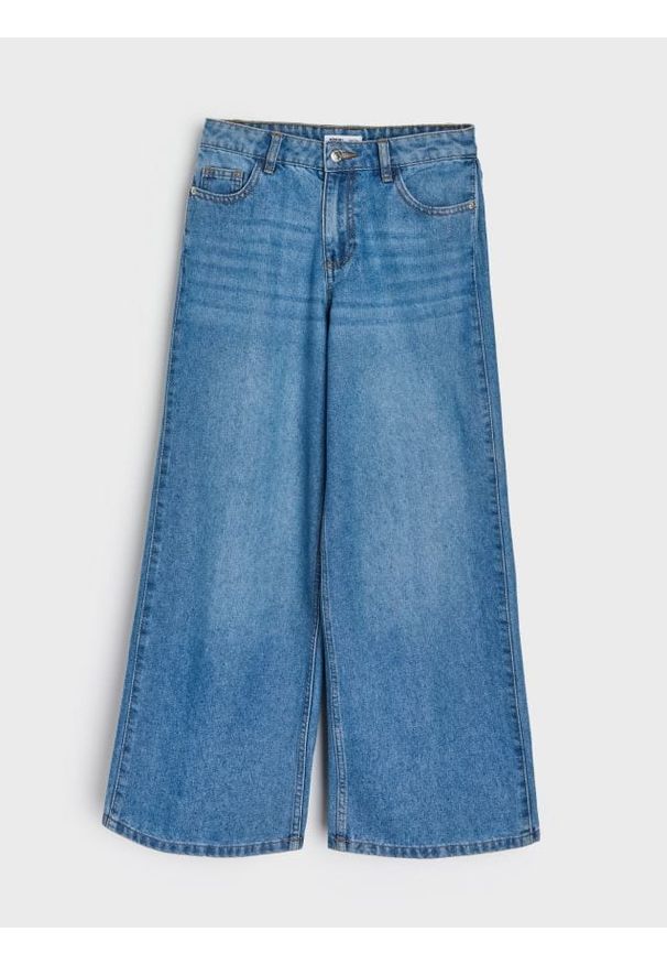 Sinsay - Bawełniane jeansy wide leg - niebieski. Kolor: niebieski