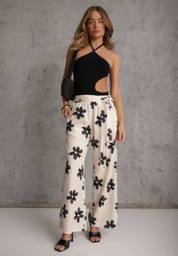 Renee - Czarno-Kremowe Szerokie Spodnie High Waist z Kwiatowym Printem i Wiązanym Paskiem Oramare. Okazja: na co dzień. Stan: podwyższony. Kolor: czarny. Długość: krótkie. Wzór: nadruk, kwiaty. Styl: boho, casual #4