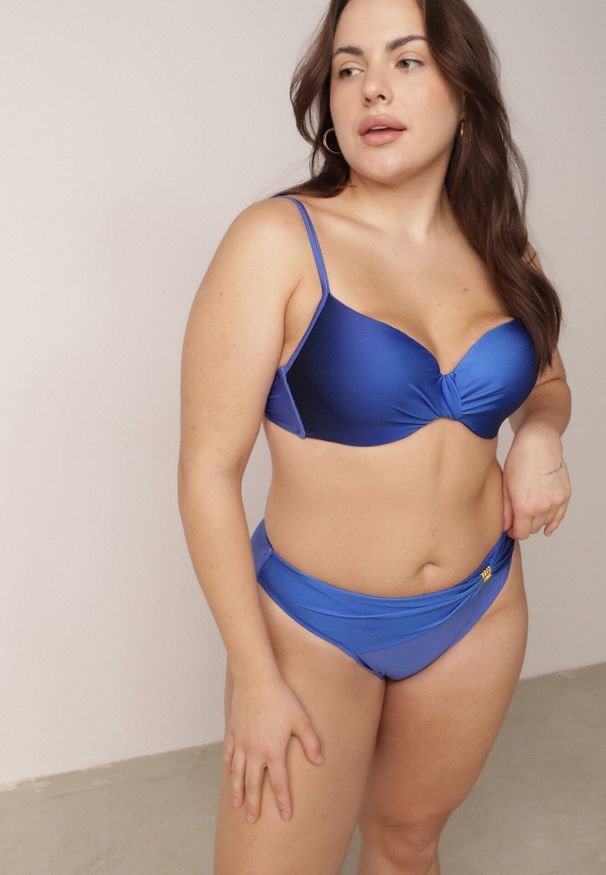 Born2be - Niebieskie Bikini Biustonosz i Figi z Ozdobnym Marszczeniem i Aplikacją Periete. Kolor: niebieski. Wzór: aplikacja