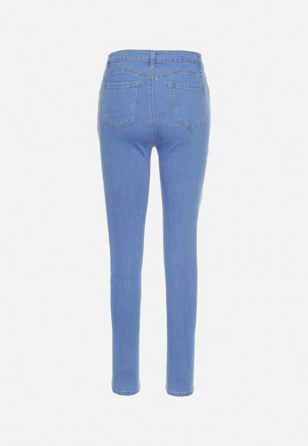 Born2be - Niebieskie Dopasowane Jeansy Push-Up z Przetarciami i Regularnym Stanem Delosia. Okazja: do pracy, na spotkanie biznesowe. Kolor: niebieski. Styl: klasyczny, biznesowy, elegancki