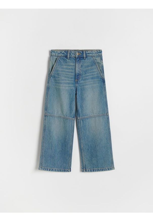 Reserved - Jeansy wide leg ze spraniem - niebieski. Kolor: niebieski