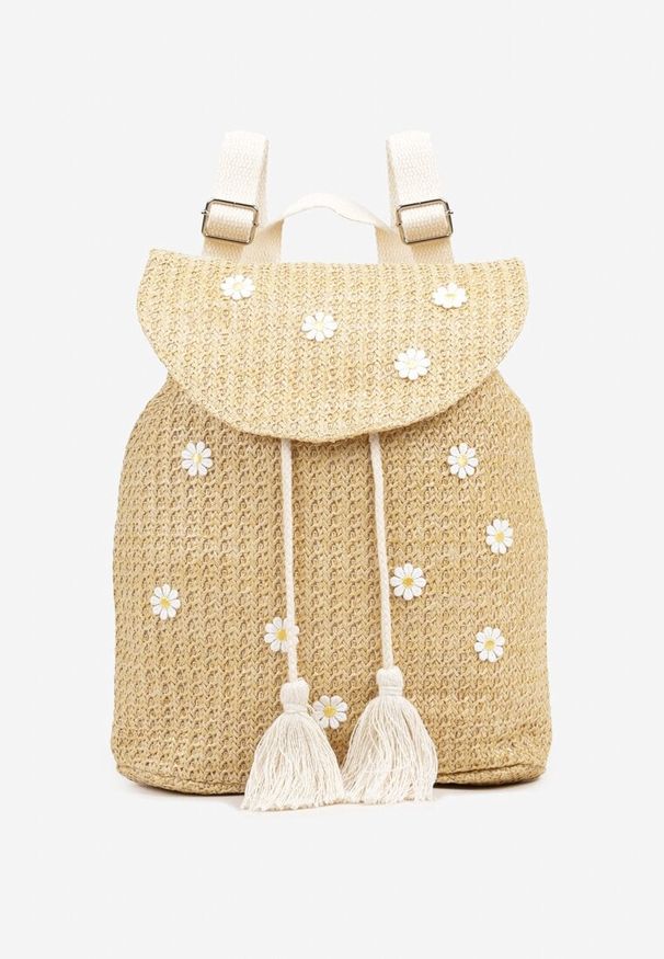 Born2be - Ciemnobeżowy Plecak z Plecionki w Kwiaty z Klapą i Frędzlami Lunilia. Kolor: beżowy. Materiał: jeans. Wzór: kwiaty. Styl: elegancki, casual