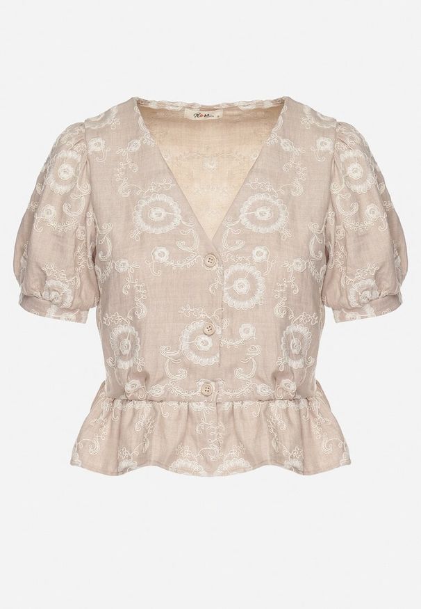 Born2be - Beżowa Bawełniana Bluzka z Ozdobnym Haftem Selselina. Okazja: na co dzień. Kolor: beżowy. Materiał: bawełna. Wzór: haft. Styl: elegancki, casual