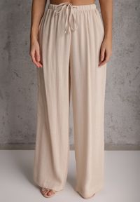 Renee - Beżowe Spodnie Wide Leg High Waist z Wiskozy Terilinae. Okazja: na co dzień. Stan: podwyższony. Kolor: beżowy. Materiał: wiskoza. Wzór: haft. Styl: casual #3
