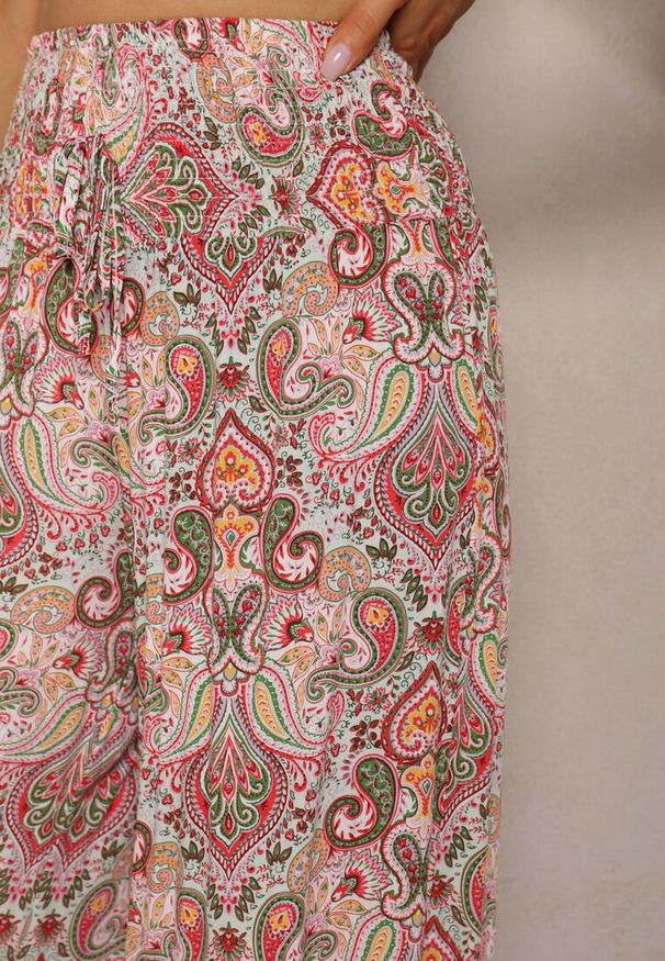 Renee - Różowo-Zielone Spodnie z Rozszerzanymi Nogawkami z Wiskozy High Waist z Gumką w Talii Nasie. Stan: podwyższony. Kolor: różowy. Materiał: wiskoza. Długość: długie. Styl: klasyczny, elegancki