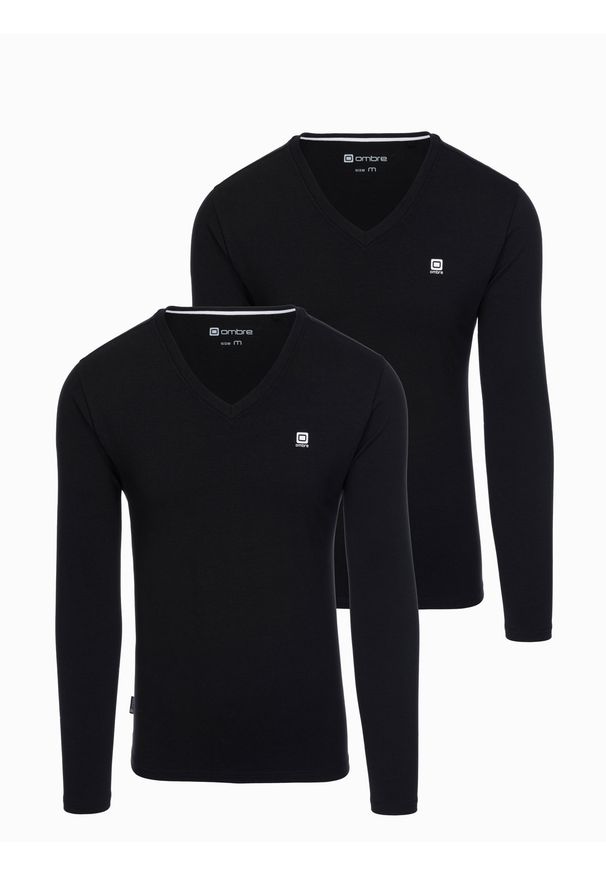 Ombre Clothing - Zestaw męskich longsleeve'ów SLIM FIT z dekoltem typu V i logotypem 2-pak– czarny V3. Okazja: na co dzień. Kolor: czarny. Materiał: bawełna, elastan, materiał. Długość rękawa: długi rękaw. Wzór: gładki, jednolity. Styl: klasyczny, casual