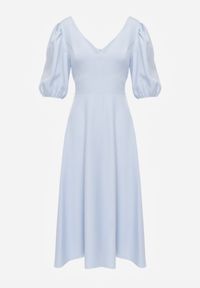 Born2be - Niebieska Elegancka Sukienka z Bufiastymi Rękawami i Wiązaniem na Plecach Zeepy. Kolor: niebieski. Wzór: gładki. Styl: elegancki #6