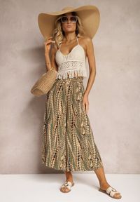 Renee - Zielono-Beżowe Spodnie High Waist o Szerokich Nogawkach z Wiskozy Wykończone Gumką w Talii Krifea. Stan: podwyższony. Kolor: zielony. Materiał: wiskoza. Sezon: lato