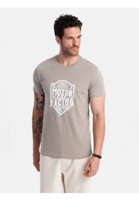 Ombre Clothing - T-shirt męski z nadrukiem w stylu motocyklowym – popielaty V3. Okazja: na co dzień. Kolor: szary. Materiał: materiał, bawełna. Wzór: nadruk. Styl: klasyczny, casual, elegancki #8