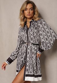 Renee - Czarno-Biała Koszulowa Sukienka Mini o Rozkloszowanym Kroju z Paskiem Launge. Kolor: czarny. Materiał: tkanina. Wzór: geometria, gładki, nadruk. Typ sukienki: koszulowe. Długość: mini