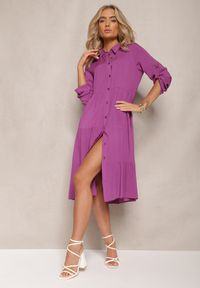 Renee - Fioletowa Rozkloszowana Sukienka z Bawełny w Koszulowym Stylu Canidre. Kolor: fioletowy. Materiał: bawełna. Typ sukienki: koszulowe