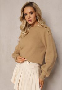 Renee - Beżowy Sweter Dzianinowy z Długim Rękawem i Guzikami Kithi. Kolor: beżowy. Materiał: dzianina. Długość rękawa: długi rękaw. Długość: długie