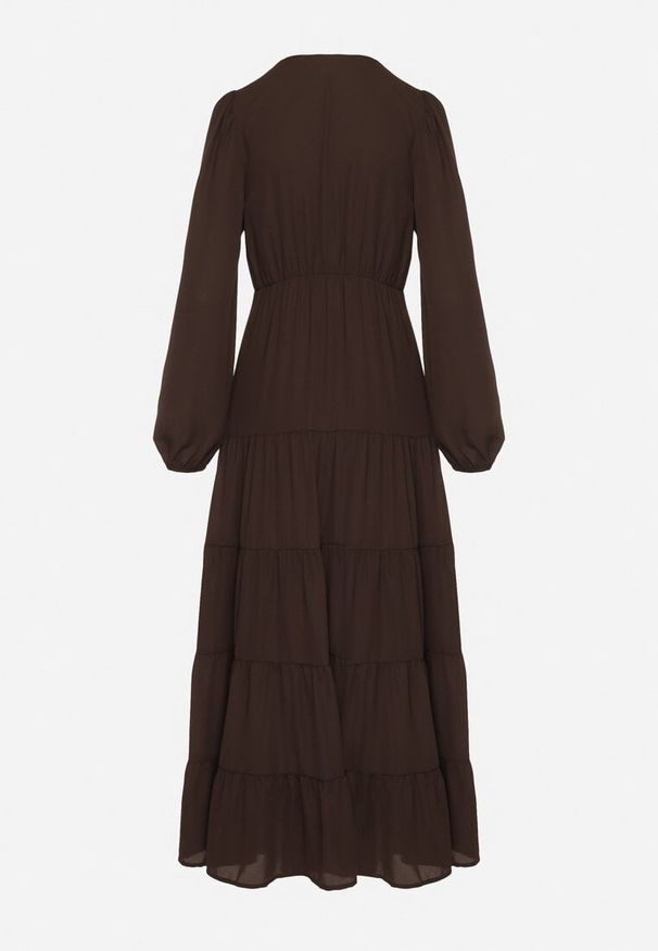 Born2be - Brązowa Rozkloszowana Sukienka Vices z Kopertowym Dekoltem Reslosa. Okazja: na co dzień. Typ kołnierza: dekolt w serek. Kolor: brązowy. Materiał: poliester, jeans. Typ sukienki: kopertowe. Styl: casual