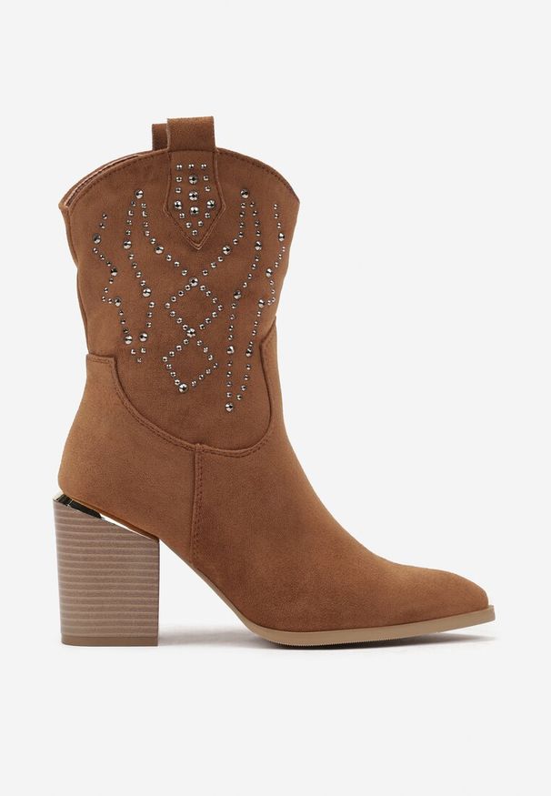 Renee - Brązowe Botki na Słupku w Stylu Kowbojek Irilianne. Okazja: na co dzień. Kolor: brązowy. Materiał: jeans, koronka. Obcas: na słupku. Styl: casual, wizytowy. Wysokość obcasa: średni