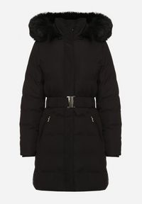 Born2be - Czarna Pikowana Kurtka z Paskiem w Talii i Kapturem Daicy. Okazja: na co dzień. Kolor: czarny. Materiał: jeans. Styl: elegancki, casual, klasyczny #3