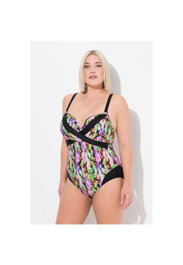 ULLA POPKEN - Damski Strój kąpielowy miękkie miseczki z fiszbinami kopertowy styl. Kolekcja: plus size. Kolor: czarny. Materiał: elastan, poliamid, materiał