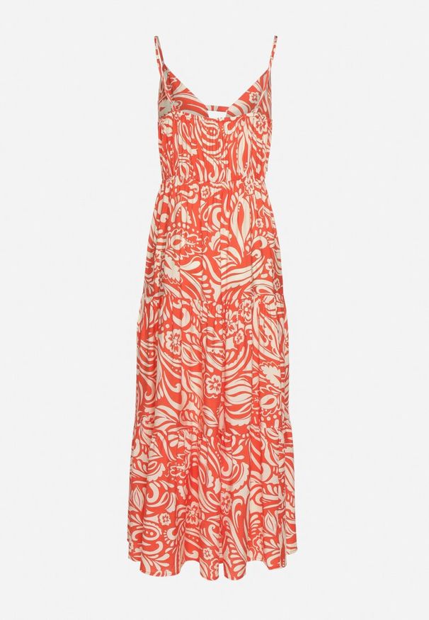 Born2be - Pomarańczowa Sukienka z Bawełną i Wiskozą na Cienkich Ramiączkach z Regulacją z Paskiem Dimite. Kolor: pomarańczowy. Materiał: bawełna, wiskoza. Długość rękawa: na ramiączkach. Wzór: aplikacja. Styl: klasyczny