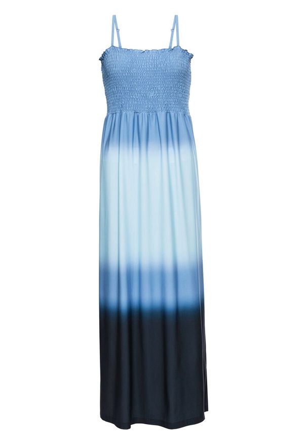 Długa sukienka batikowa bonprix niebieski z nadrukiem. Kolor: niebieski. Długość rękawa: na ramiączkach. Wzór: nadruk. Styl: elegancki. Długość: maxi
