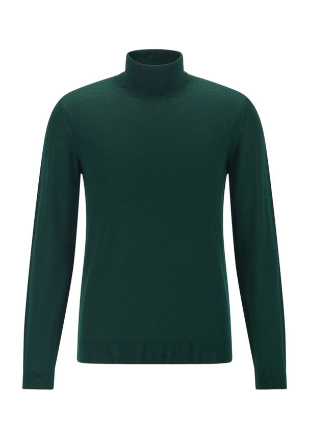 Ciemnozielony golf męski Modini SW72. Typ kołnierza: golf. Kolor: zielony. Materiał: akryl, wełna, materiał