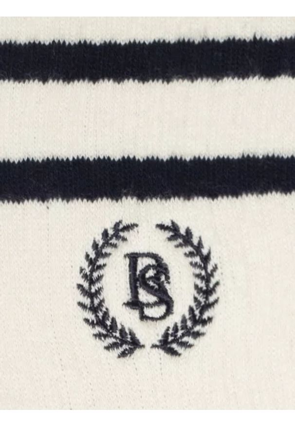 Big-Star - Skarpety damskie długie białe z granatowymi paskami Prepaliana 403. Kolor: niebieski. Materiał: prążkowany, skóra, bawełna, materiał. Wzór: haft, ze splotem