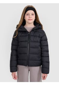 4f - 4F Kurtka puchowa z wypełnieniem syntetycznym dziecięca - czarna 146 (10-11 lat). Okazja: na uczelnię, na co dzień, na spacer. Kolor: czarny. Materiał: puch, syntetyk. Sezon: lato. Styl: klasyczny, casual #1