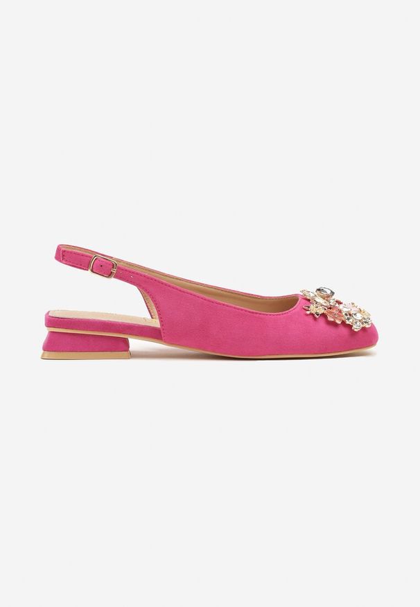 Renee - Fuksjowe Czółenka Slingback Vices z Cyrkoniami i Wkładką ze Skóry Eklina. Okazja: na co dzień. Kolor: różowy. Materiał: skóra. Obcas: na obcasie. Styl: wizytowy, klasyczny, elegancki, casual. Wysokość obcasa: średni