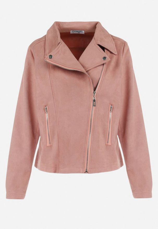 Born2be - Ciemnoróżowa Kurtka Ramoneska z Imitacji Zamszu z Asymetrycznym Suwakiem Maisen. Kolekcja: plus size. Kolor: różowy. Materiał: zamsz