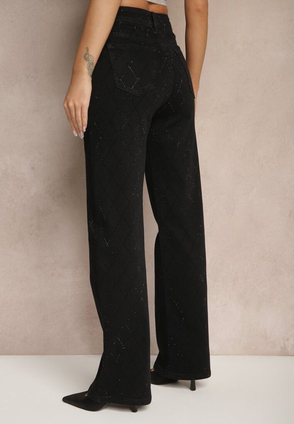Renee - Czarne Szerokie Jeansy z Bawełną High Waist z Cyrkoniami Aslevia. Okazja: na co dzień. Stan: podwyższony. Kolor: czarny. Wzór: aplikacja. Styl: elegancki, casual