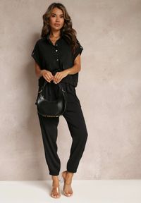 Renee - Czarny 2-częściowy Komplet z Bluzką i Spodniami Ezrala. Kolor: czarny. Wzór: aplikacja