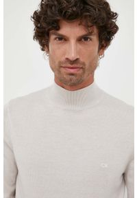 Calvin Klein sweter wełniany męski kolor szary lekki z półgolfem. Typ kołnierza: golf. Kolor: szary. Materiał: wełna #4