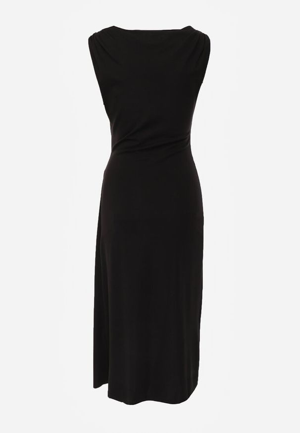 Renee - Czarna Dopasowana Sukienka Elegancka z Aplikacją w Talii Corope. Kolor: czarny. Wzór: aplikacja. Styl: elegancki