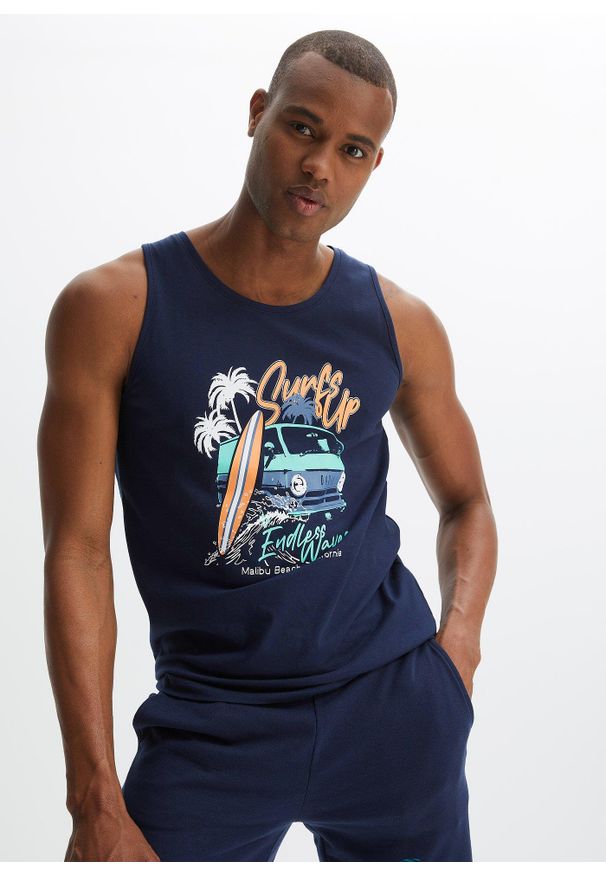 bonprix - Tank top z czystej bawełny organicznej (2 szt.). Kolor: niebieski. Materiał: bawełna. Wzór: nadruk. Sezon: lato