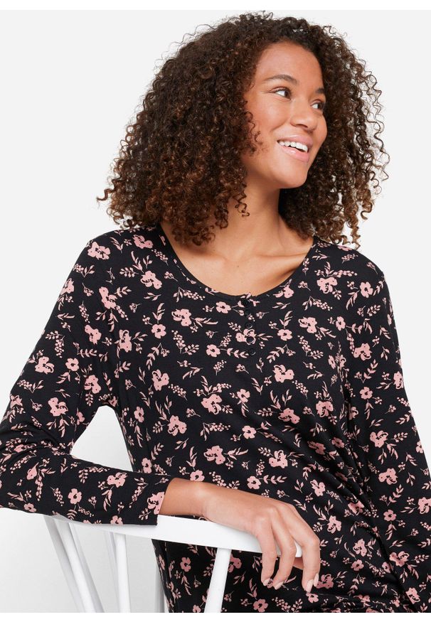 bonprix - Długa tunika shirtowa z mieszanki wiskozy. Kolor: czarny. Materiał: wiskoza. Długość rękawa: długi rękaw. Długość: długie. Wzór: nadruk